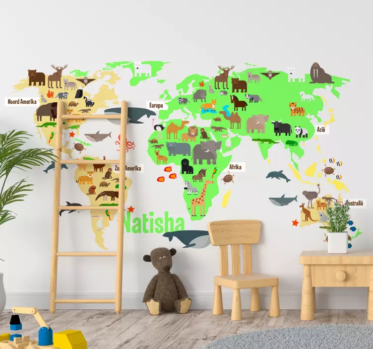 Muursticker wereldkaart kinderkamer dieren met naam - TenStickers