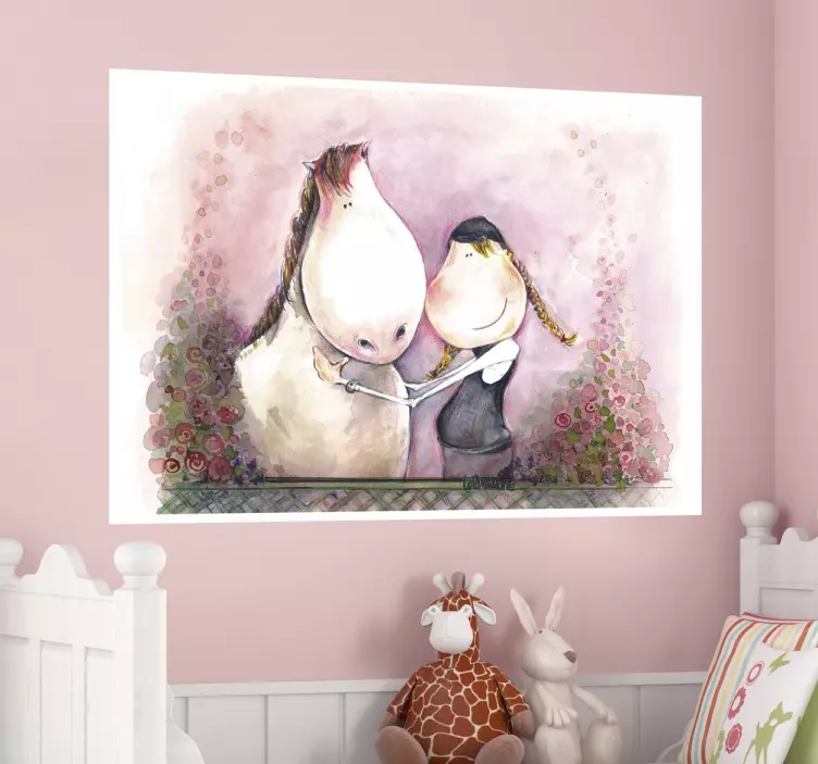 Meisje knuffelend met haar paard muursticker - TenStickers