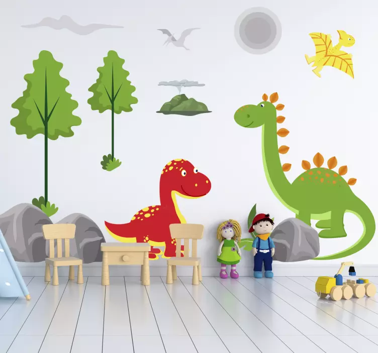 Muursticker kinderkamer kleurrijke dinosaurusscene - TenStickers