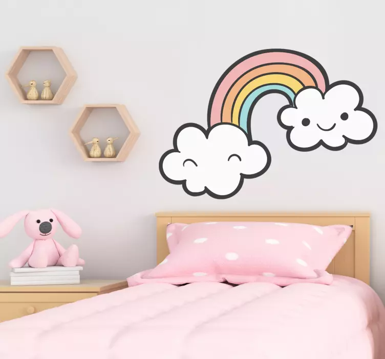 Muursticker kinderkamer regenboog wolken glimlachen - TenStickers