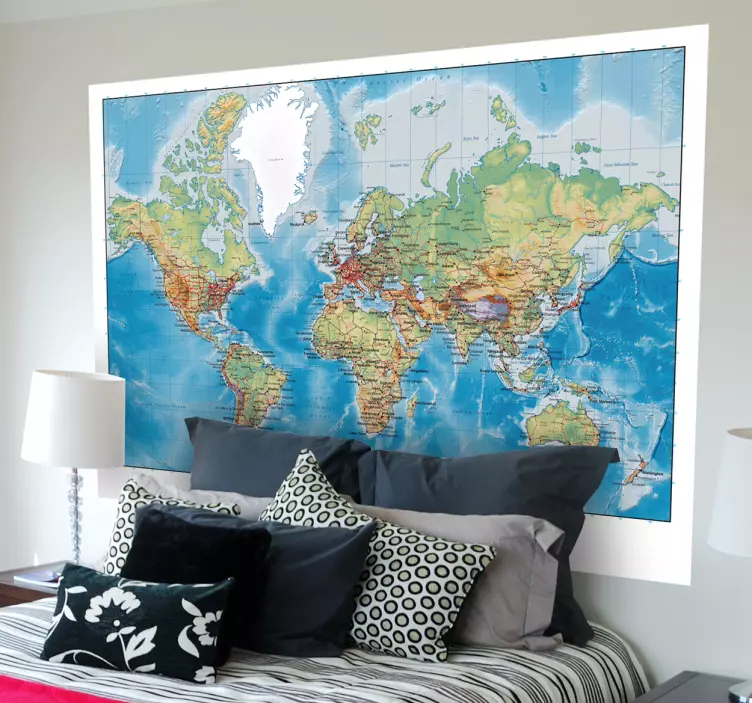 Muursticker woonkamer wereld map - TenStickers