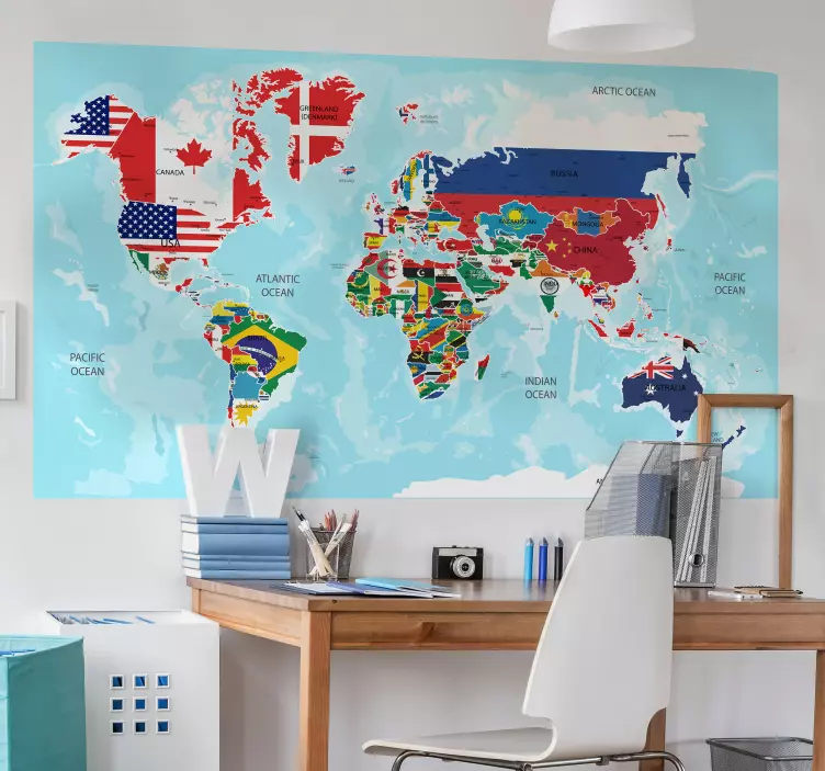 Muursticker wereldkaart vlaggen - TenStickers