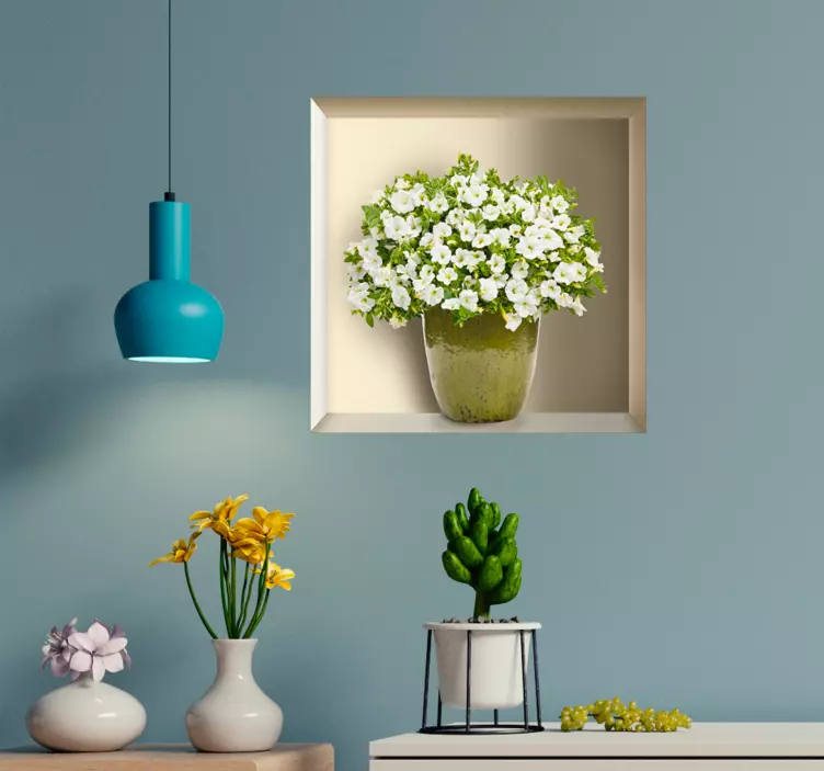 Bloemen muursticker woonkamer plank met plant 3D - TenStickers
