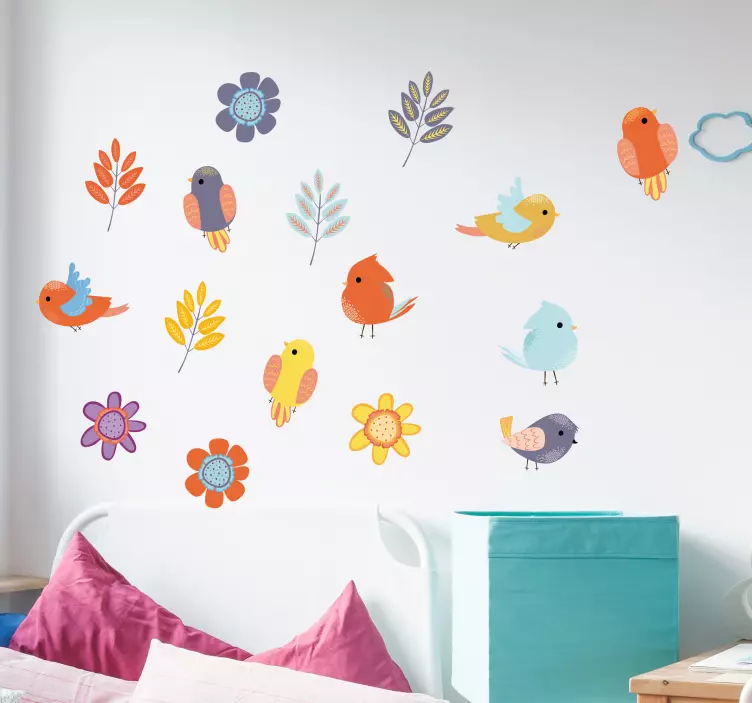 Muurstickers kinderkamer bloemen en vogels - TenStickers