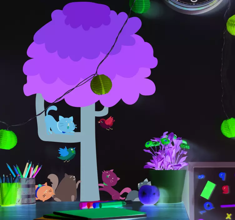 Muurstickers kinderkamer boom en vier katten - TenStickers