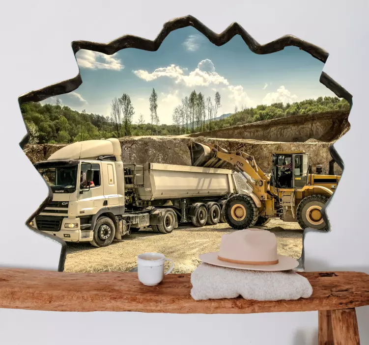 Muursticker woonkamer gebroken muur graafmachine - TenStickers