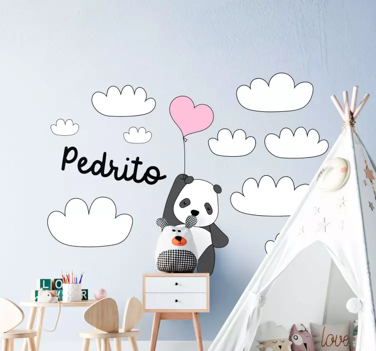 Stickers vliegende panda met wolken en naam - TenStickers