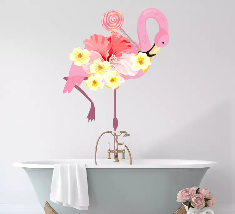 Raamstickers vogels Flamingo met een lolly - TenStickers