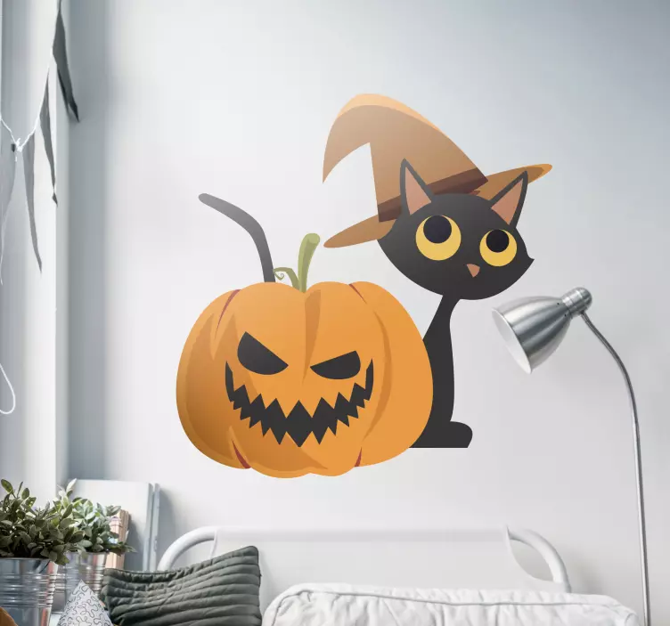 Muurzelfklevende sticker jack o lantern en cat - TenStickers
