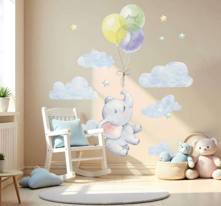 Olifant met ballon en naam muursticker kinderkamer - TenStickers