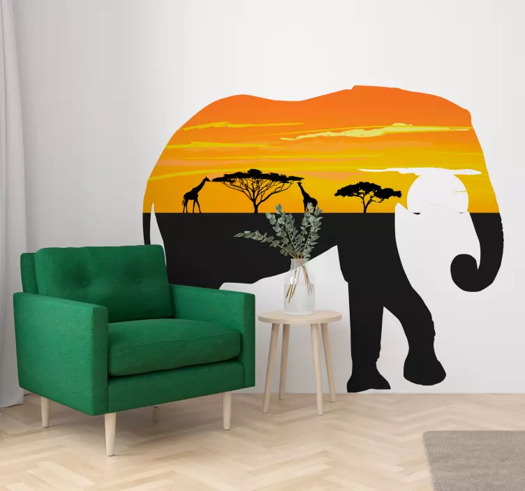 Olifant zonsondergang silhouet natuur muursticker - TenStickers