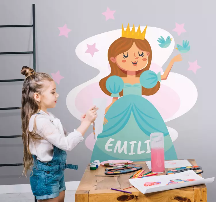 Blauwe prinses met naam muursticker kinderkamer - TenStickers