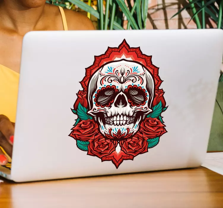 Schedel met rozen laptop sticker - TenStickers