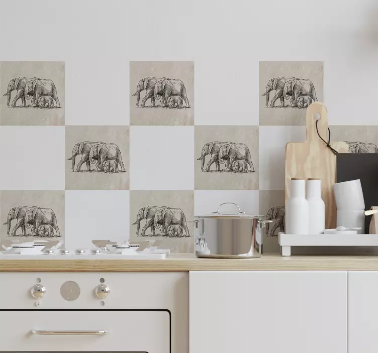 Tegelstickers keuken olifanten schets - TenStickers