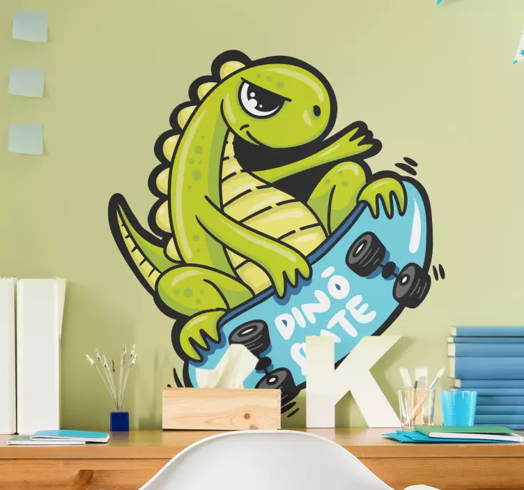 Skateboardende dinosaurus karakter dino muursticker - TenStickers