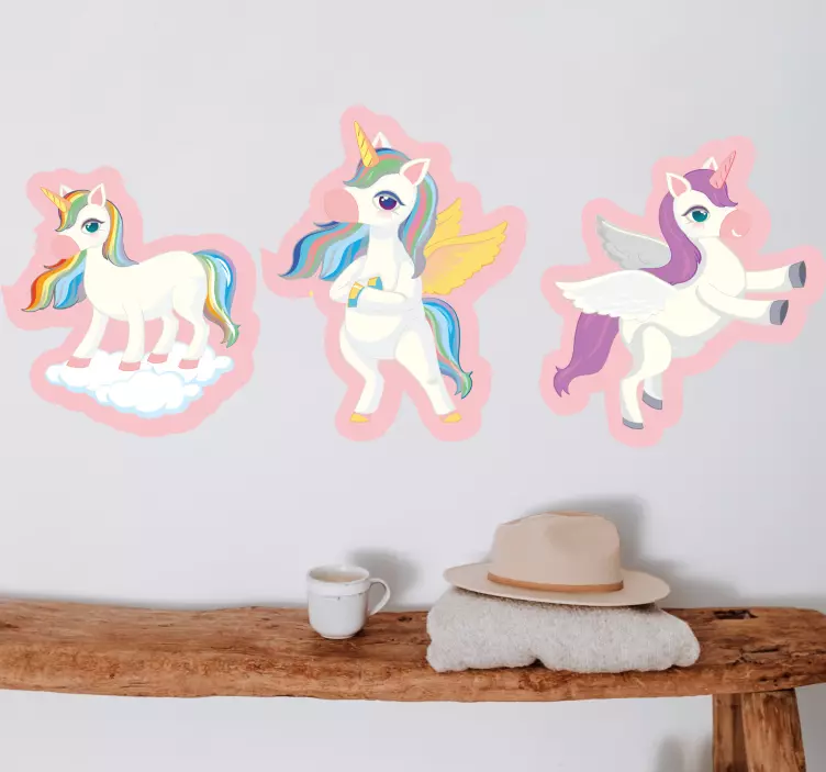 Speels eenhoorn trio muursticker kinderkamer - TenStickers