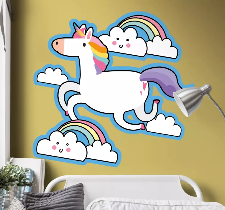 Eenhoorn die met wolken rent muursticker kinderkamer - TenStickers