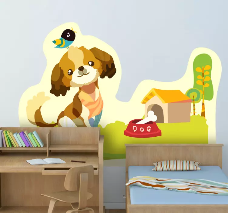 Speelse pup scène sticker kat en hond - TenStickers