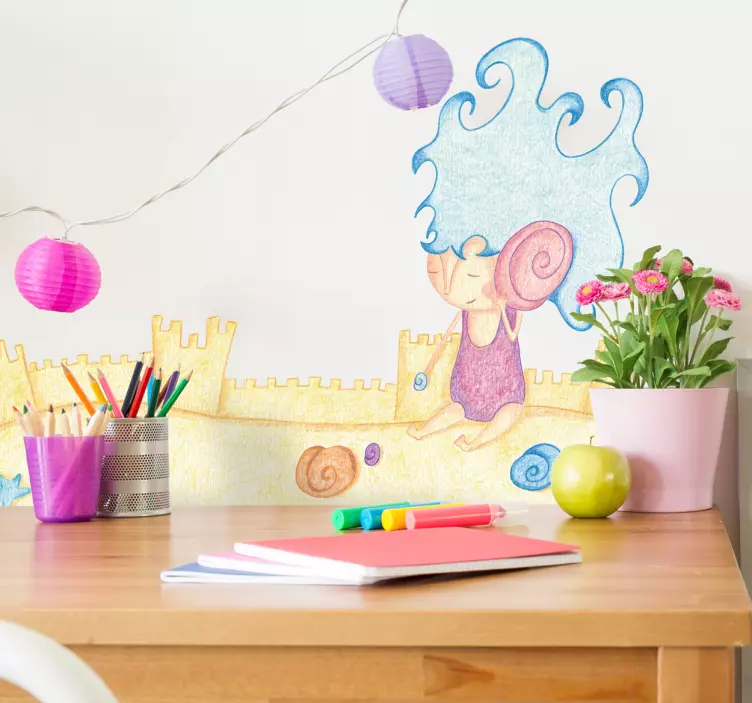 Sticker meisje zand kasteel schelpen - TenStickers