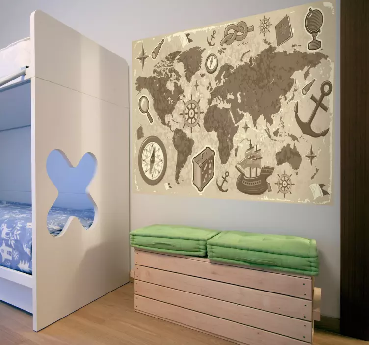 Muurstickers wereldkaart kinderkamer kompas - TenStickers