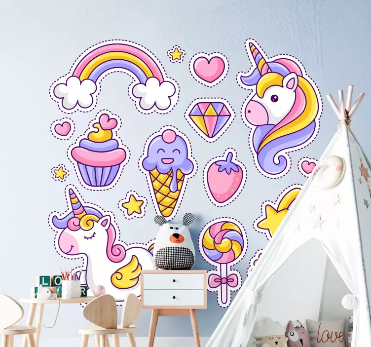 Eenhoorn en regenboog met snoepjes sticker - TenStickers