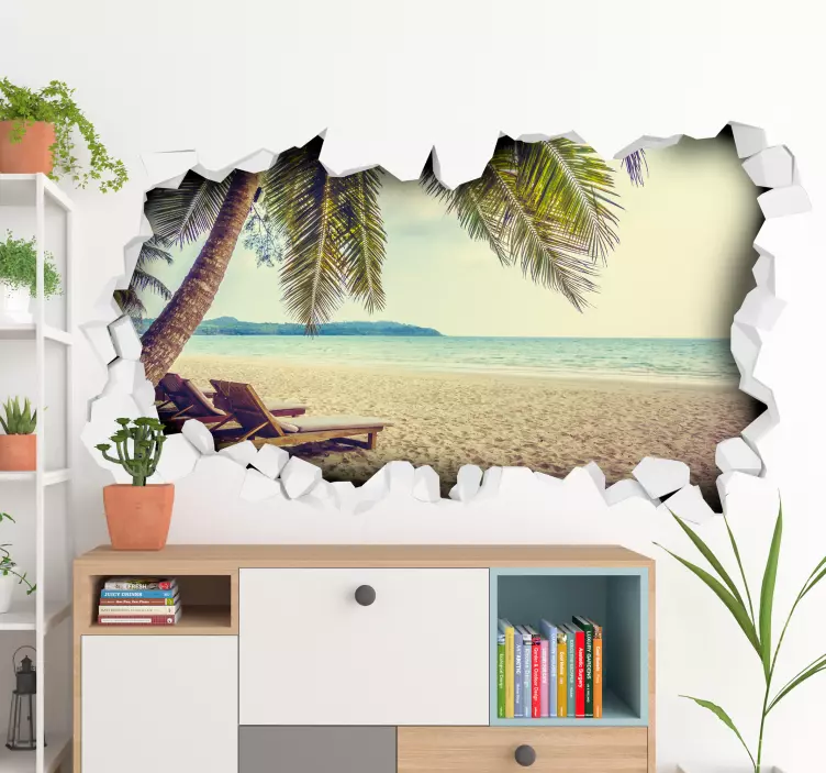 3D muurstickers woonkamer met strand 3D - TenStickers