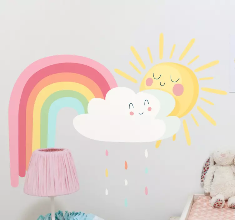 Cartoon stickers Gelukkige zon en wolken met regenboog - TenStickers