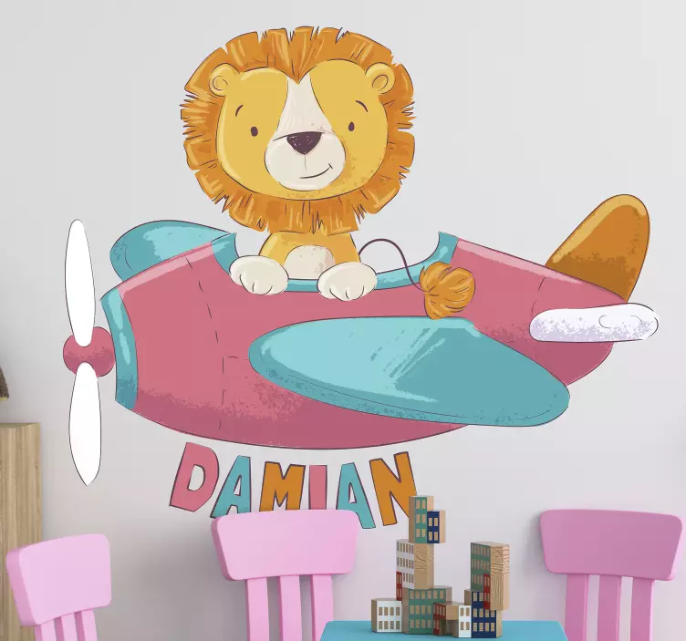Tekeningen sticker leeuw in vliegtuig met naam - TenStickers