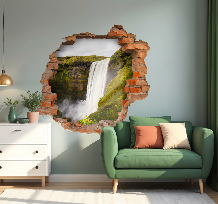 3D muursticker woonkamer met waterval visuele effecten - TenStickers