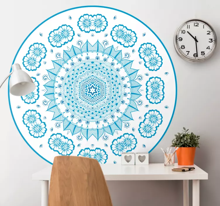 Blauwe botanische mandala sticker bloemenpatroon - TenStickers