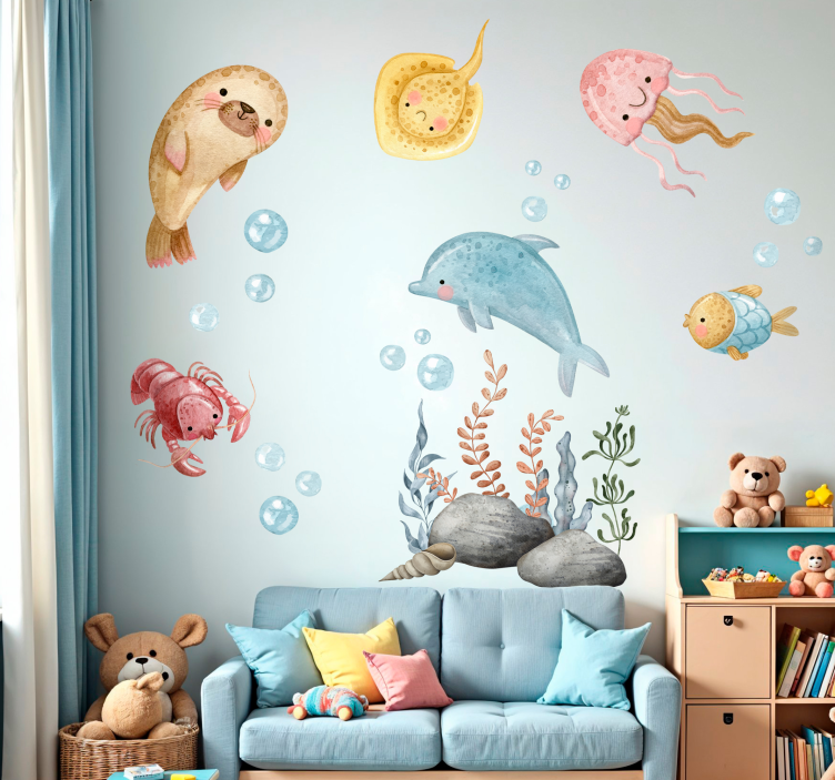 Muursticker kinderkamer dieren vrolijke aquarel zee - TenStickers