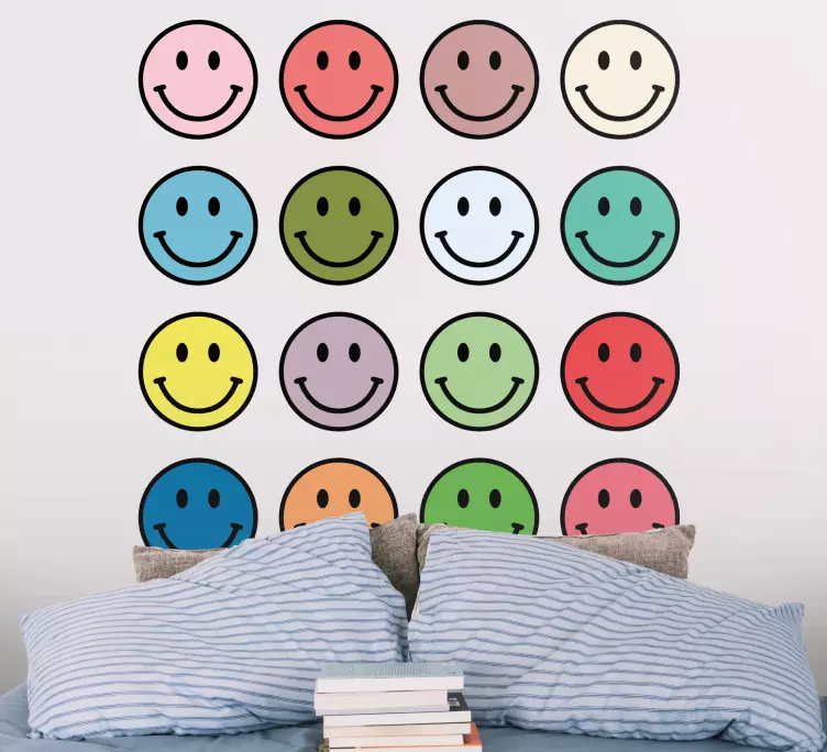 Muurstickers woonkamer met kleuren jaren 90 smileys - TenStickers