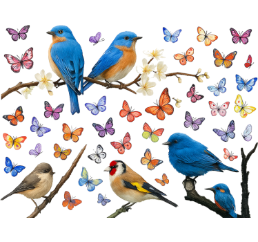 Kleurrijke bloemen en vogels raamsticker - TenStickers