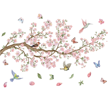 Raamsticker kersenbloesem met vogels - TenStickers