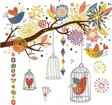 Muursticker vogels kleurrijke boom vogelkooi - TenStickers
