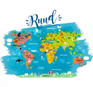 Muursticker wereldkaart kinderkamer dieren gepersonaliseerd - TenStickers