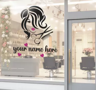 Aanpasbare kapperszaak sticker naam en vrouw - TenStickers