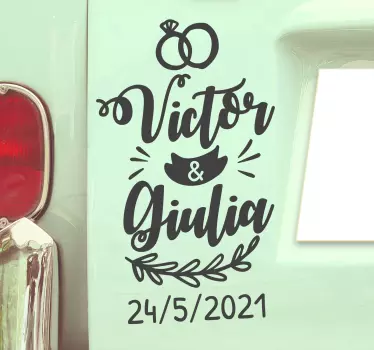 Bruiloft auto ornamenten met naam en datum sticker - TenStickers