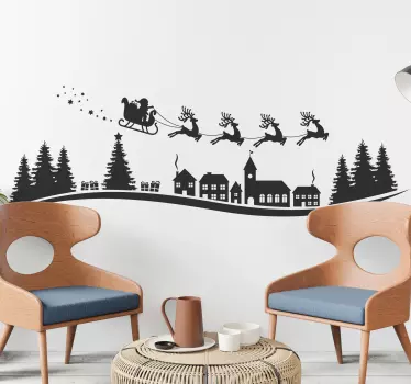 Kerststickers Santa vliegen met sterren en sneeuwvlokken - TenStickers