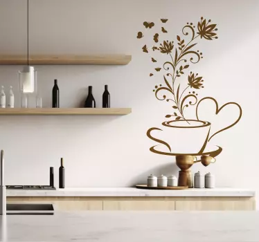 Koffie kop met bloemen muursticker keuken - TenStickers