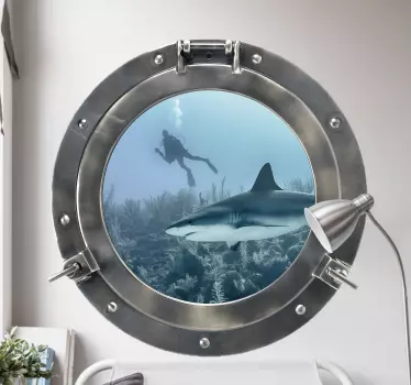 Muurstickers visuele effecten Haai door het raam met vis 3d - TenStickers