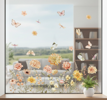 Raamsticker bloemenweide met vlinders - TenStickers