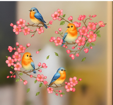 Roze bloemen en vogels raamsticker - TenStickers