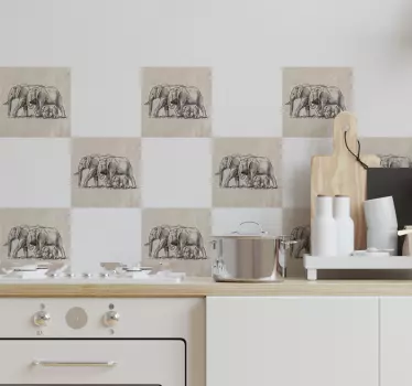 Tegelstickers keuken olifanten schets - TenStickers