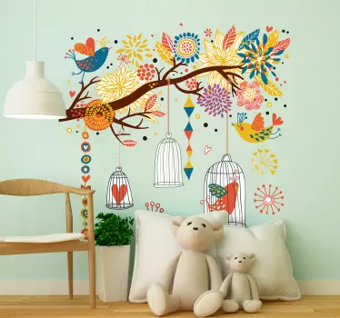 Muursticker vogels kleurrijke boom vogelkooi - TenStickers