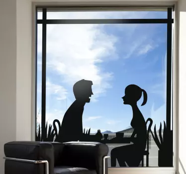 Sticker raam silhouette stel aan tafel - TenStickers