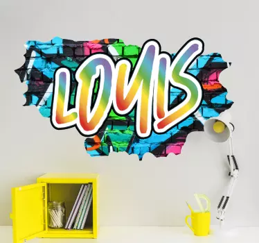 Naamsticker muur gebroken muur met kleurrijke graffitinaam - TenStickers