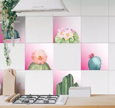 Tegelstickers keuken cactussen op roze achtergrond - TenStickers