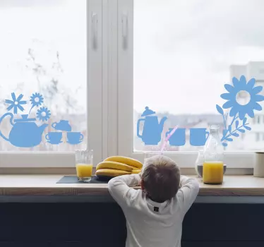 Raamsticker theepot met bloemen - TenStickers