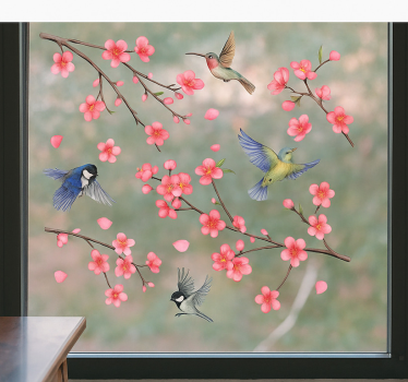 Vogels op takken met bloemen raamsticker - TenStickers